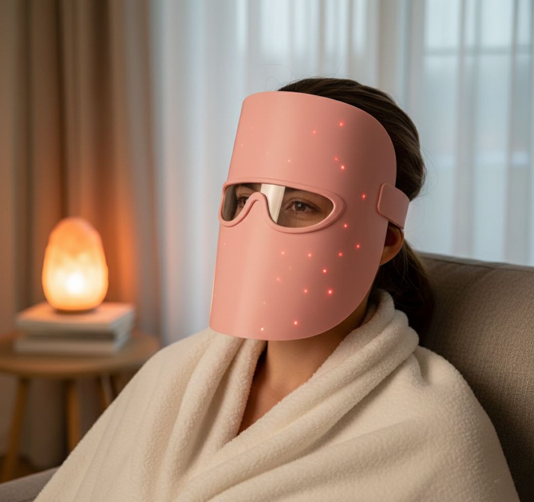 Vrouw draagt roze LED-masker in ontspannen omgeving. Rode lampjes zijn actief.