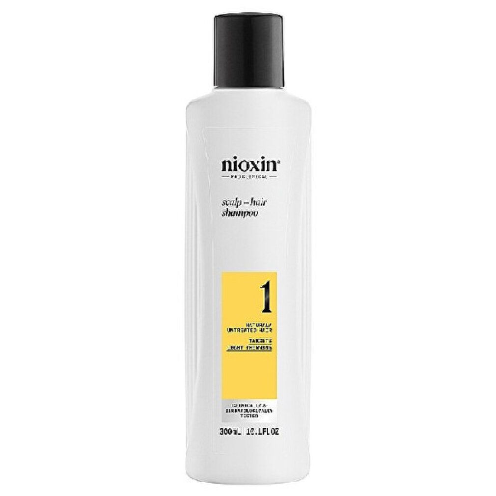 Bouteille Nioxin blanche avec bouchon noir, étiquetée 'scalp-hair shampoo' et un carré jaune avec le chiffre 1.