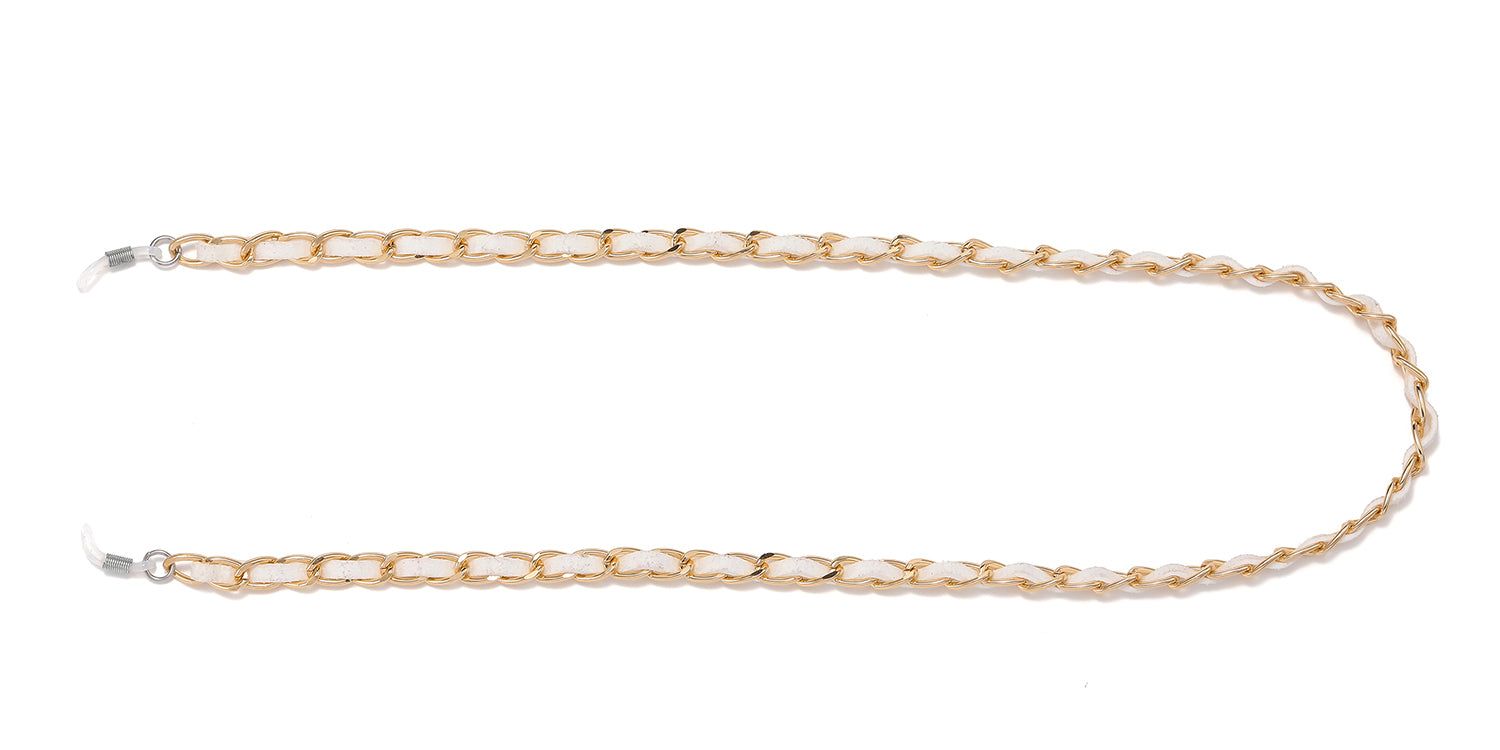 Brillenketting, gouden schakels met wit leer. Metalen sluitingen.