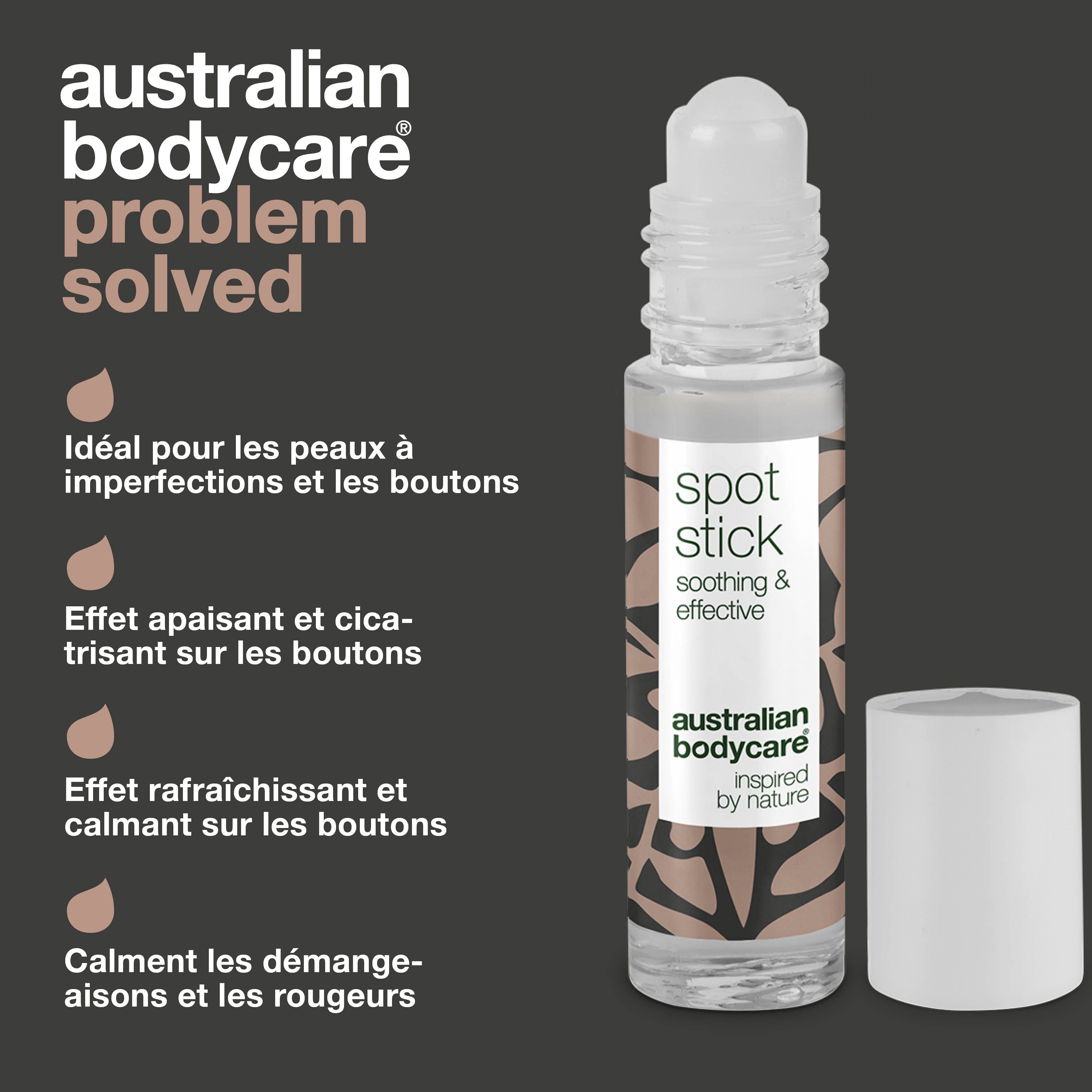 Stick roll-on et texte. Inscription : Spot Stick, soothing & effective, Australian Bodycare. Texte sur les avantages.