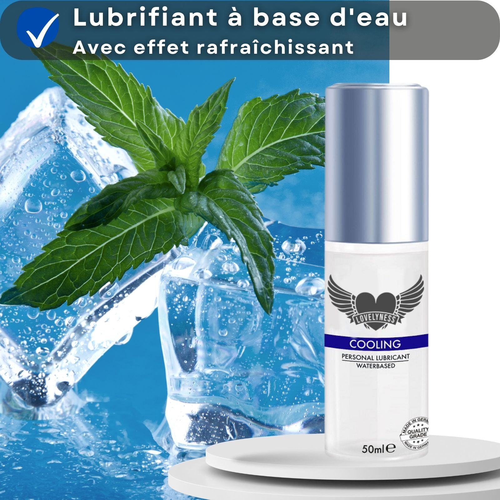 Flacon de lubrifiant avec texte et logo. Menthe et glaçons. Texte: Lubrifiant à base d'eau, effet rafraîchissant.