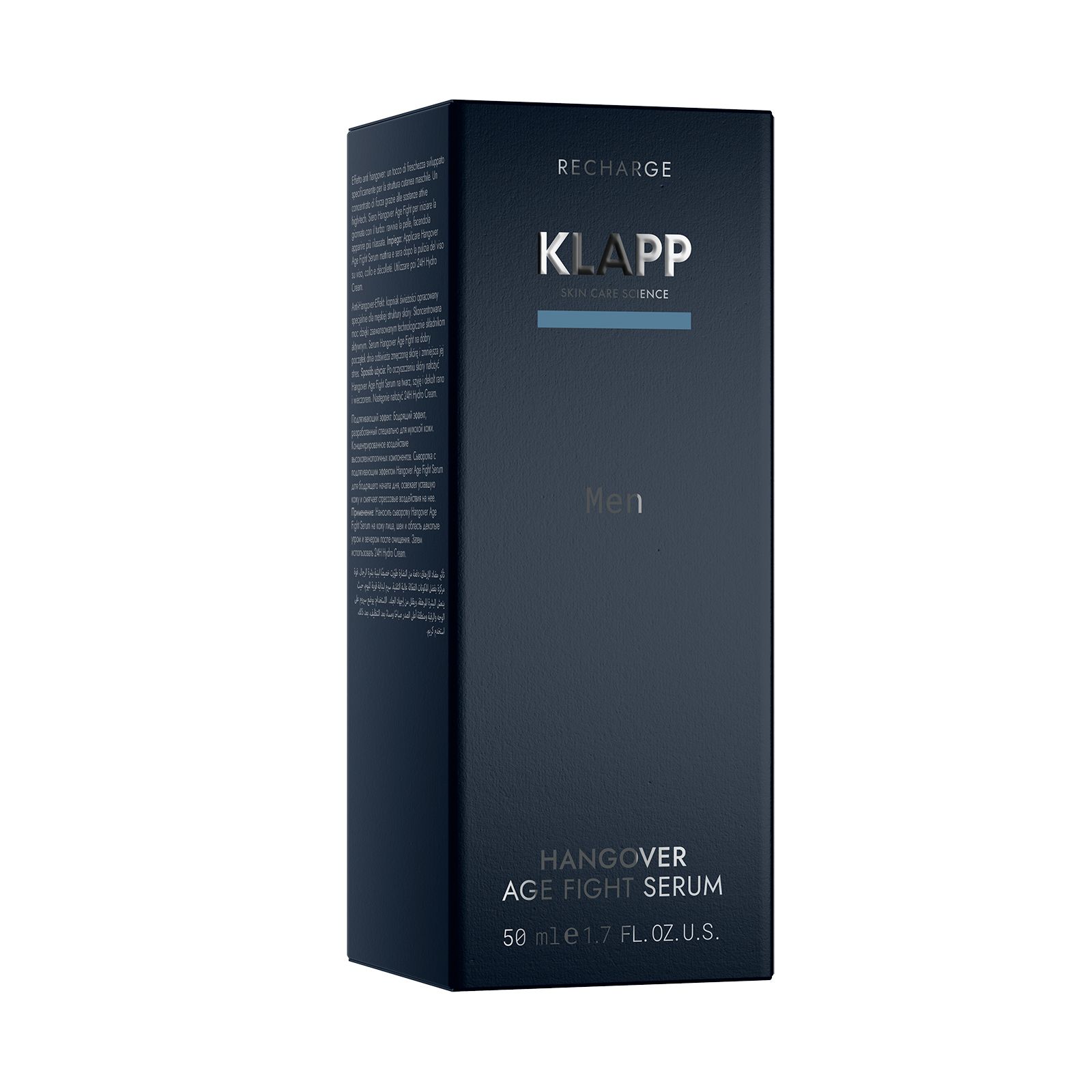 Donkerblauwe productverpakking. Opschrift: KLAPP Men, Hangover Age Fight Serum, 50 ml.