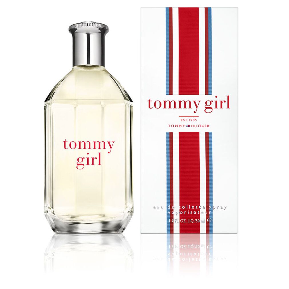Glazen flesje "tommy girl" en verpakking. Verpakking met rode en blauwe strepen. "Eau de Toilette Spray".