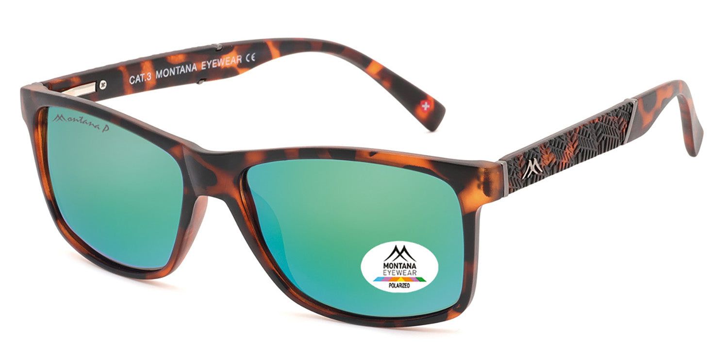 Zonnebril met bruin montuur en groene glazen. Logo en Polarized sticker. Montana Eyewear.