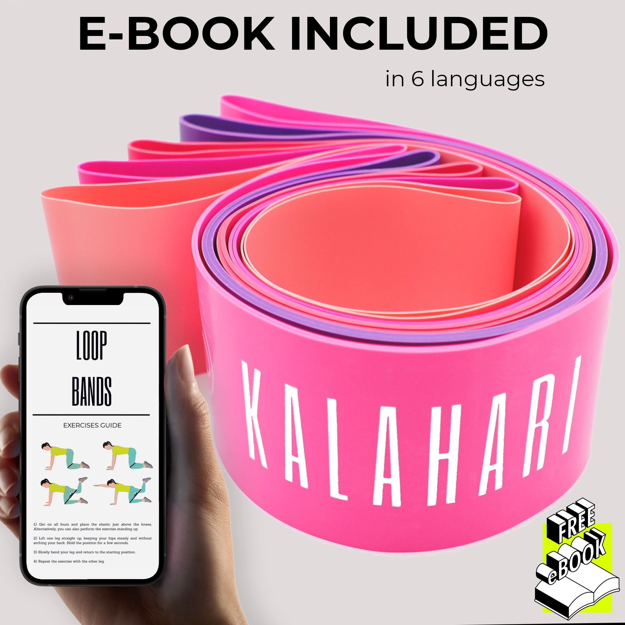 Vijf KALAHARI fitnessbanden, opgerold, naast een smartphone met e-book oefengids.