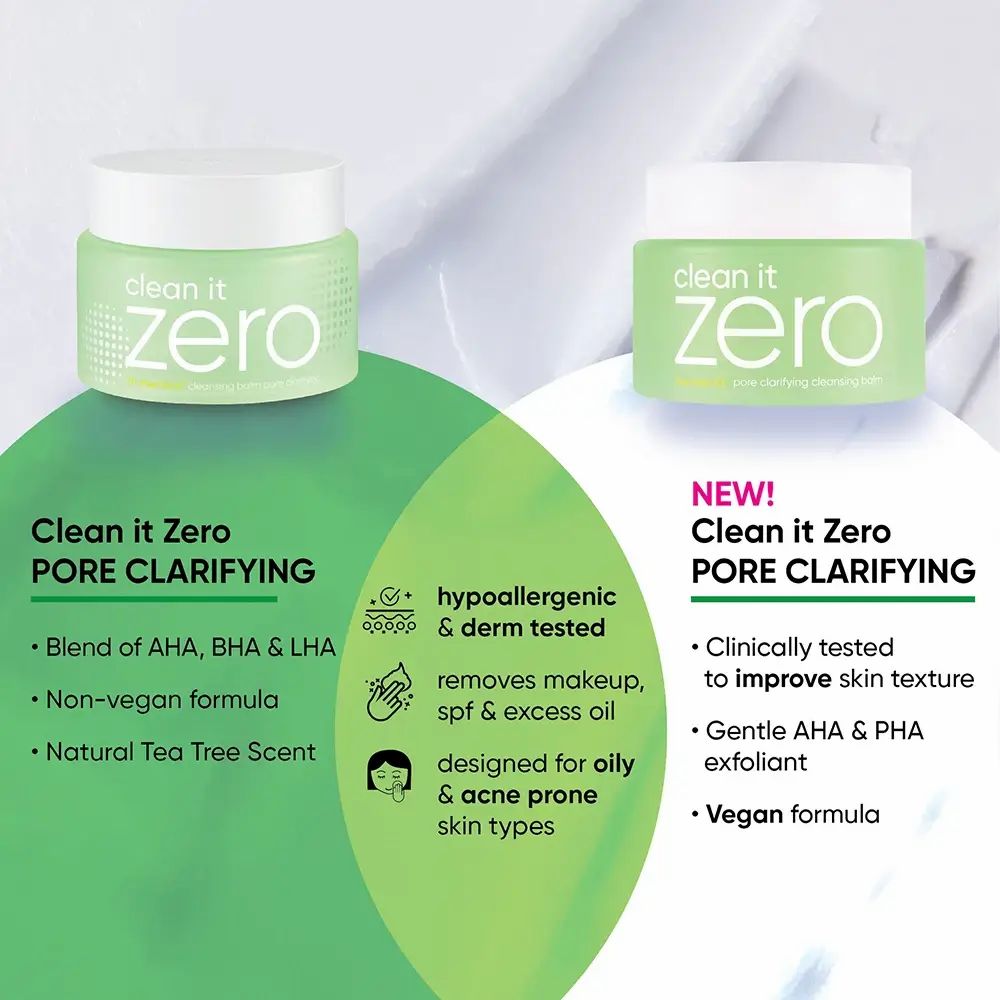 Deux pots verts avec couvercle blanc. Texte : Clean it Zero Pore Clarifying. Informations sur le produit et ingrédients.