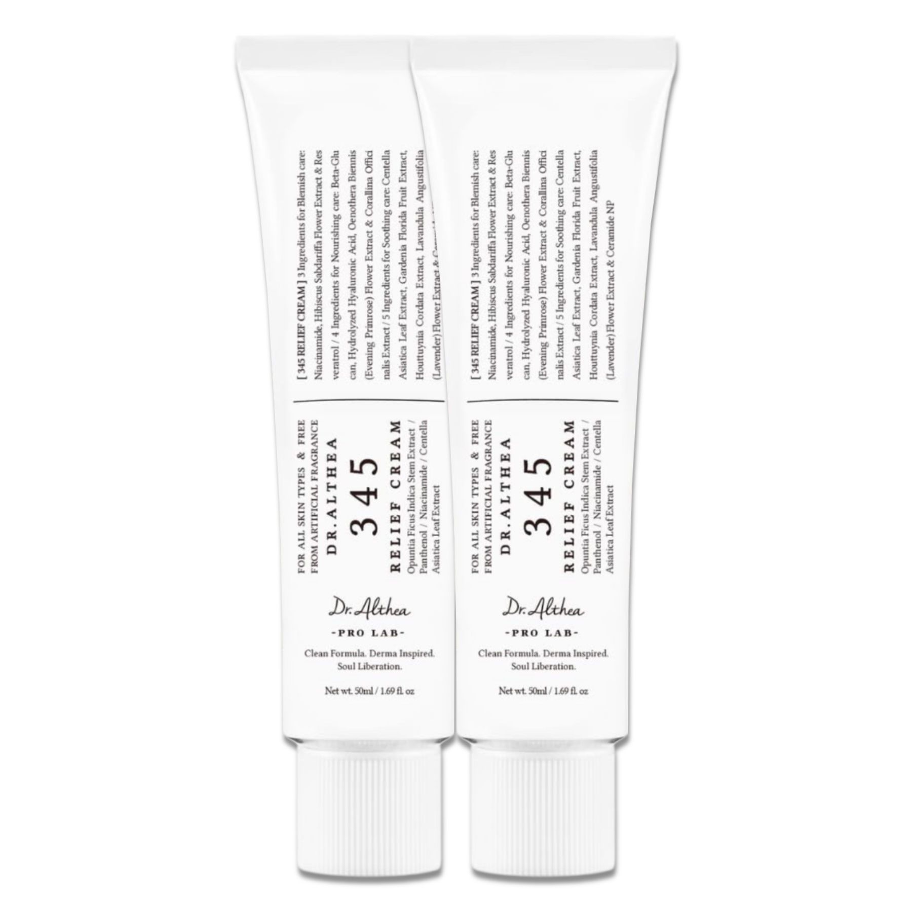 Twee tubes Dr. Althea 345 Relief Cream. Witte tubes met zwarte tekst. Productnaam en ingrediënten zichtbaar.