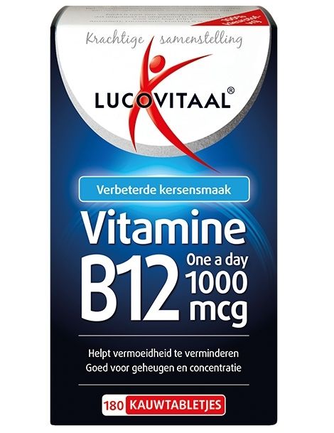 Emballage de Lucovitaal Vitamine B12. Boîte bleue et blanche avec informations et logo du produit.