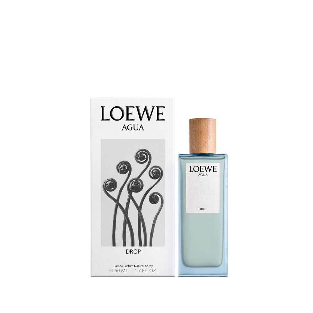 Fles en verpakking met logo en bloemmotief. Opschrift: LOEWE AGUA DROP. Eau de Parfum Natural Spray.