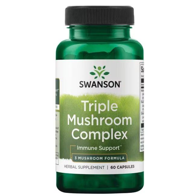 Groene fles met zwarte dop. Label met "SWANSON Triple Mushroom Complex". 60 capsules. Kruidensupplement.