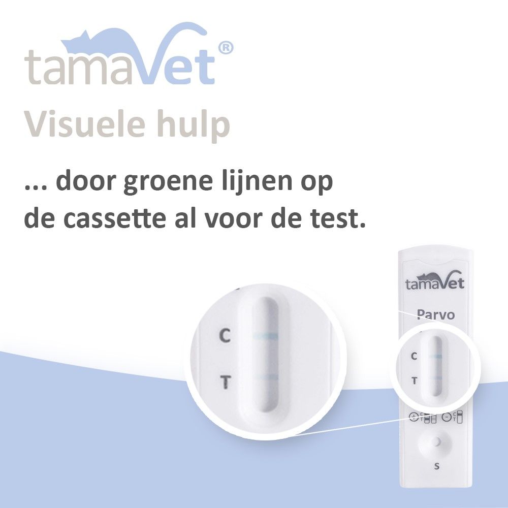 Close-up van een testcassette. Tekst: Visuele hulp door groene lijnen voor de test.