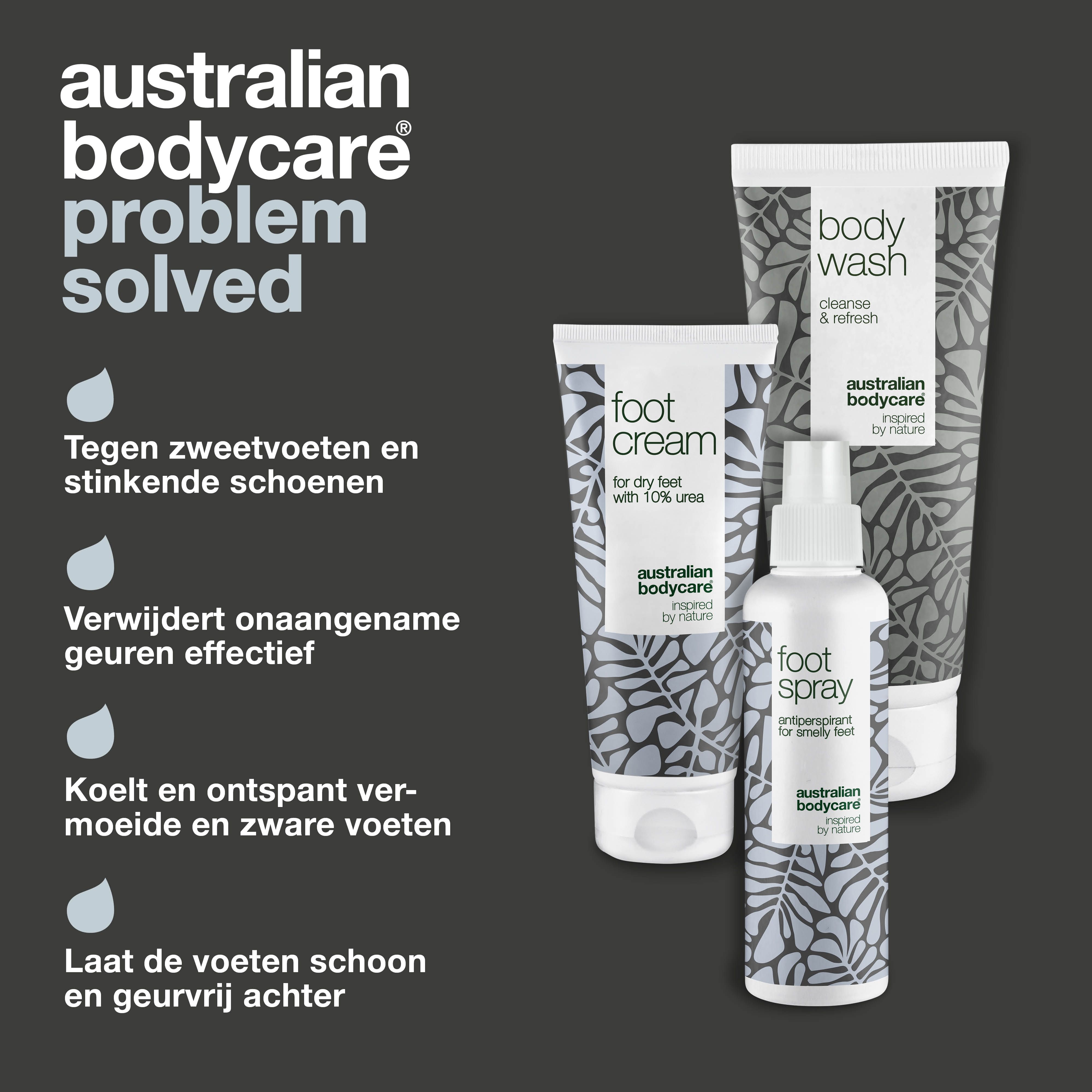 Drie producten: body wash, voetcrème, voetspray. Tekst: Australian Bodycare, probleem opgelost. Grijze achtergrond.