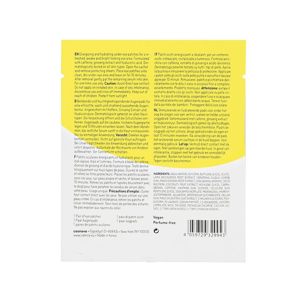 Emballage de patchs pour les yeux. Fond jaune avec texte multilingue. Ingrédients et instructions inclus.