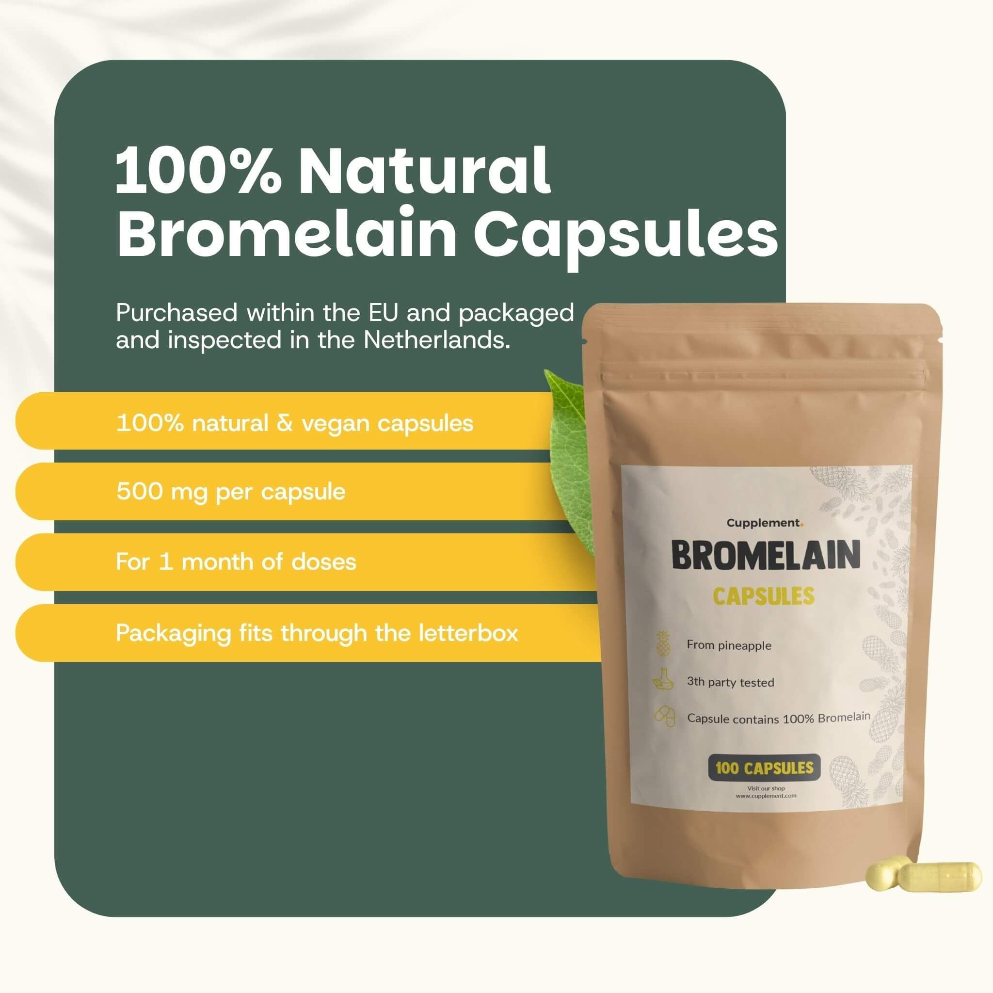 Sachet de gélules de bromélaïne. Texte : Bromelain Capsules, 100 gélules. Gélules 100% naturelles et végétaliennes. 500 mg par gélule.