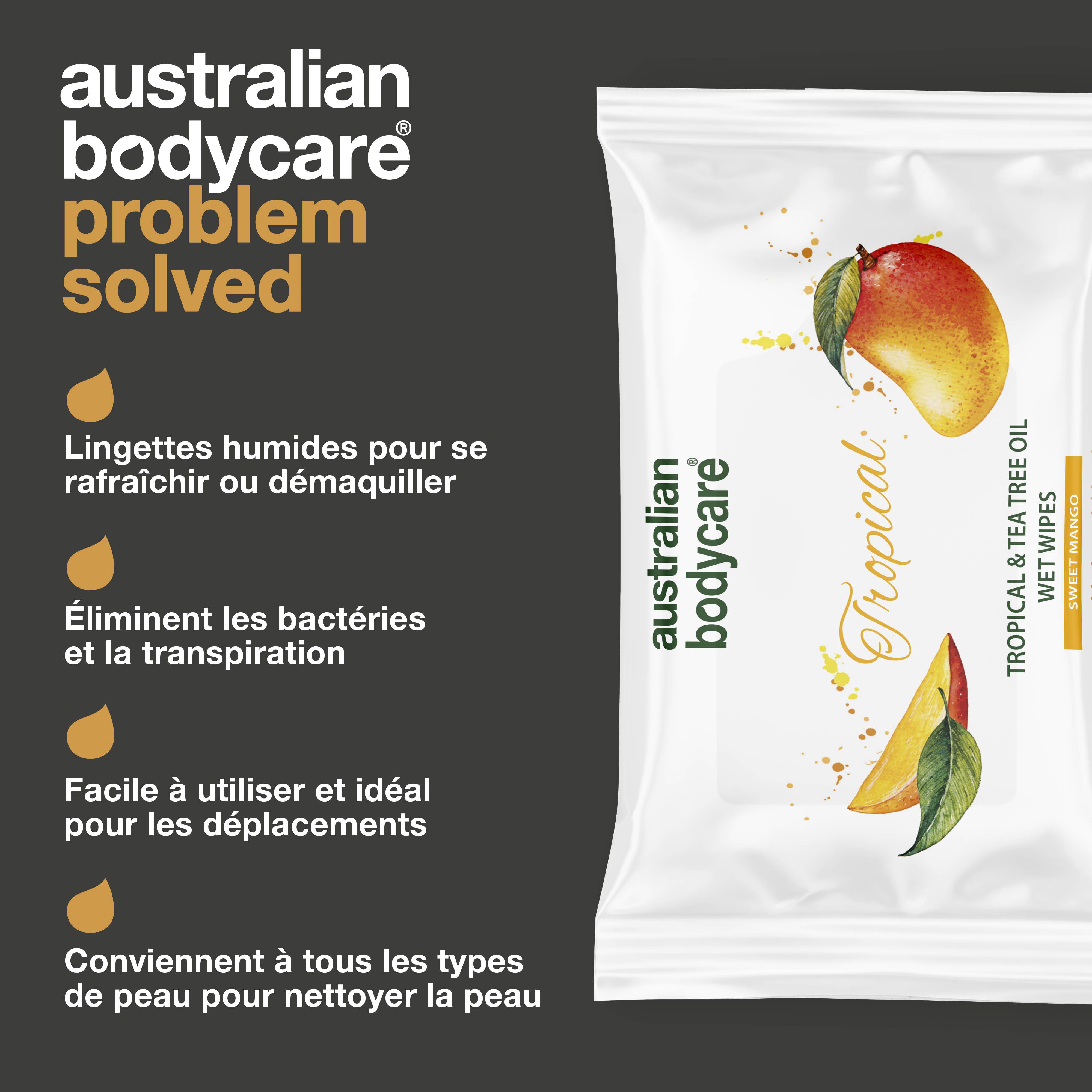 Emballage de lingettes. Texte : Problème résolu. Mots : Élimine les bactéries et la transpiration. Idéal en déplacement.