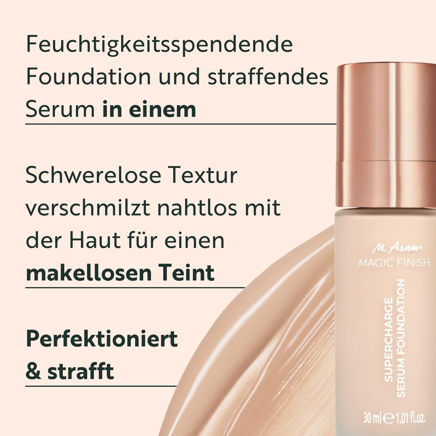 Texte avec informations sur le produit. Fond de teint hydratant et sérum raffermissant. Texture légère. Perfectionne et raffermit.