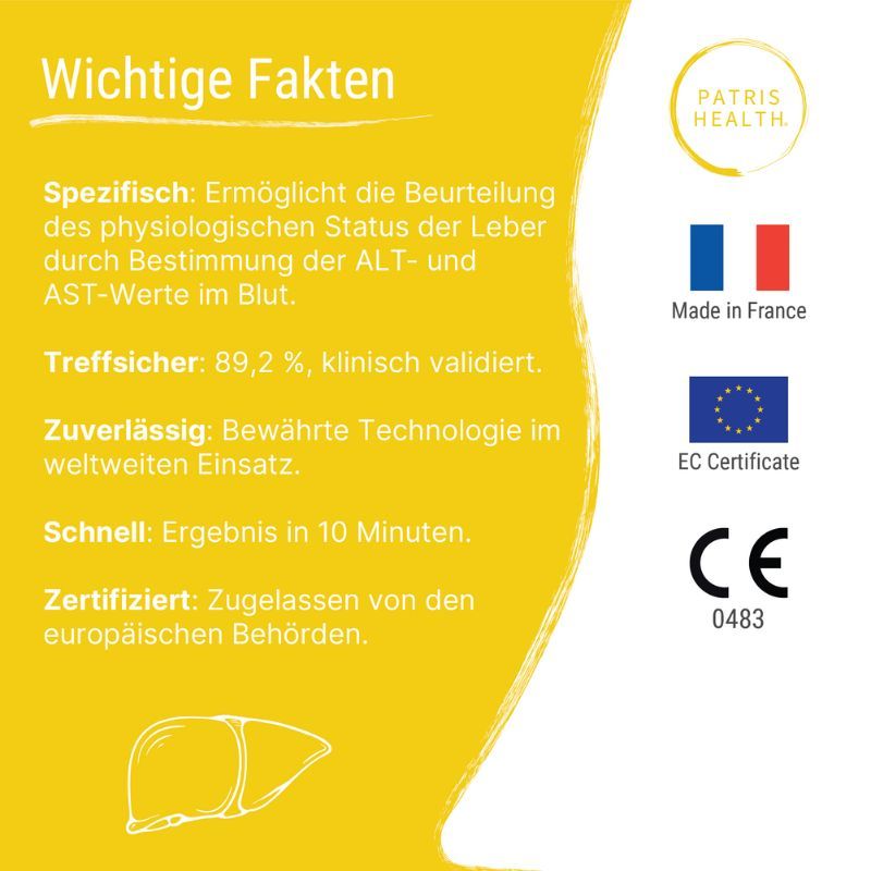 Gele achtergrond met tekst. Patris Health logo. Franse en EU vlaggen. CE-markering. Belangrijke feiten over de test.