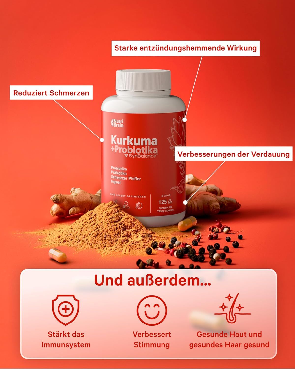 Gélule NutriBrain Curcuma + Probiotiques avec racines et poudre de curcuma. Avantages : anti-inflammatoire, digestion, immunité.