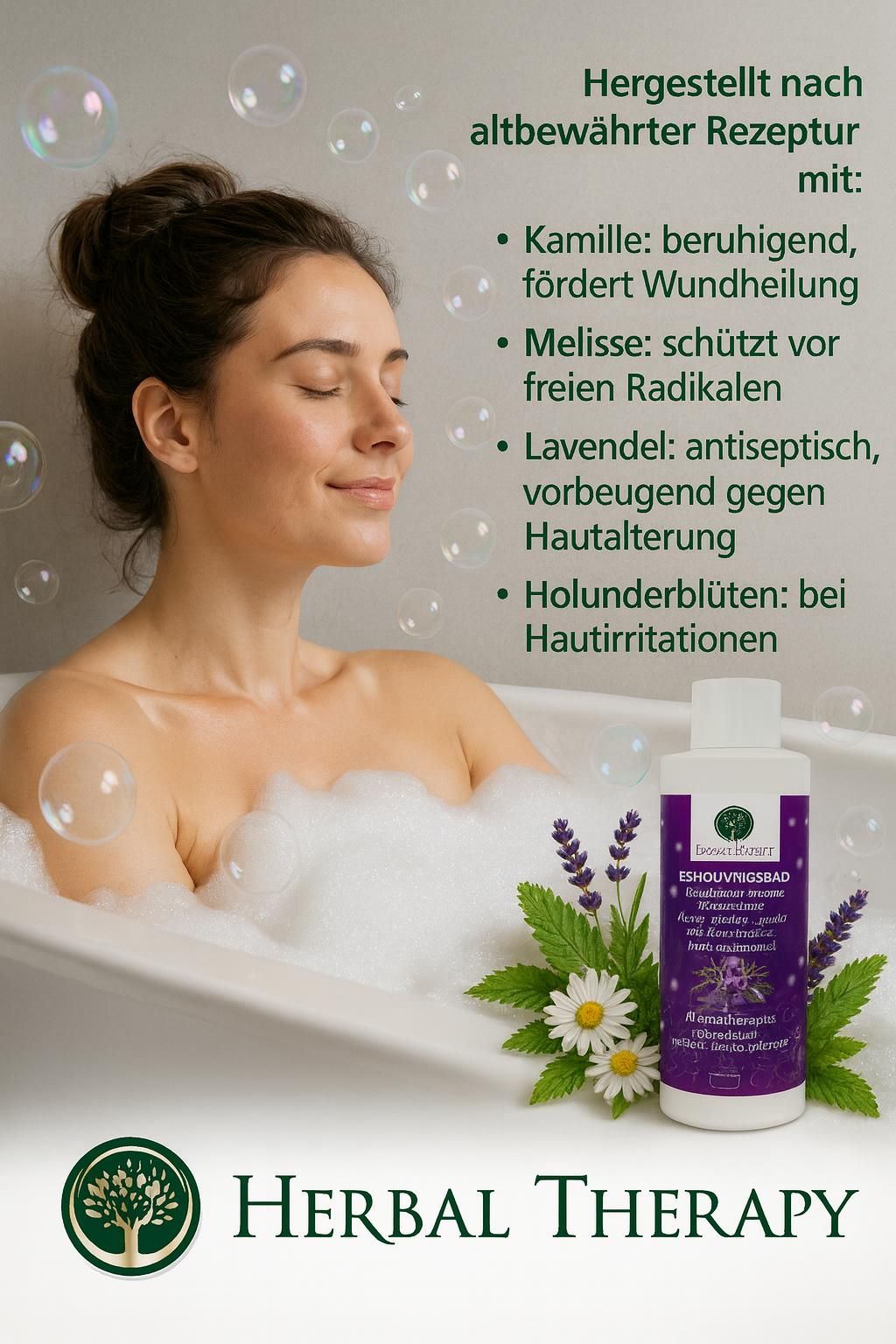 Vrouw in bad met schuim. Fles Herbal Therapy ontspanningsbad. Kruiden en bloemen naast de badkuip. Tekst: kamille, citroenmelisse, lavendel, vlierbessen.