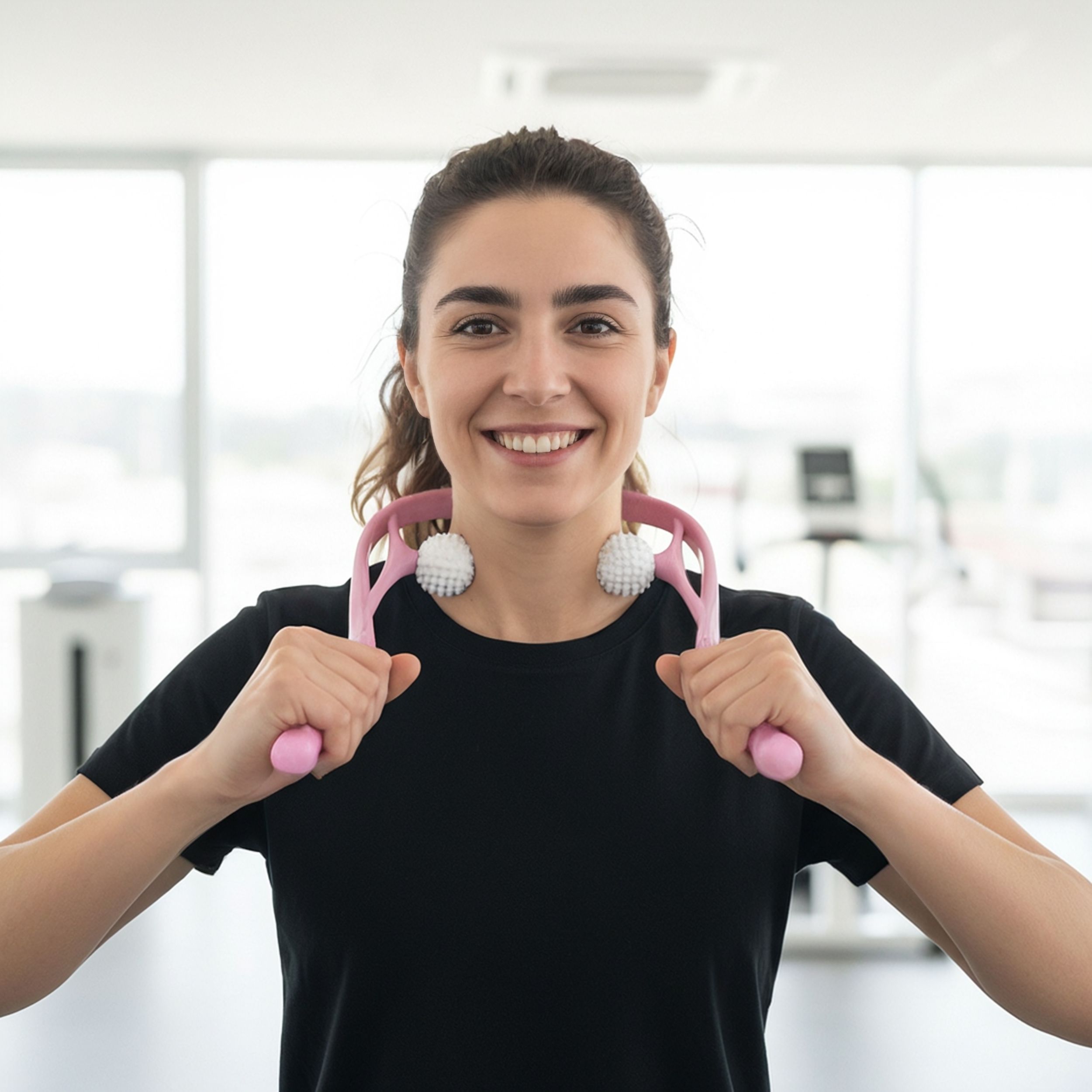 Vrouw houdt roze nek- en schoudermassager vast. Twee witte ballen. Zwart T-shirt, lachend. Sportschool achtergrond.