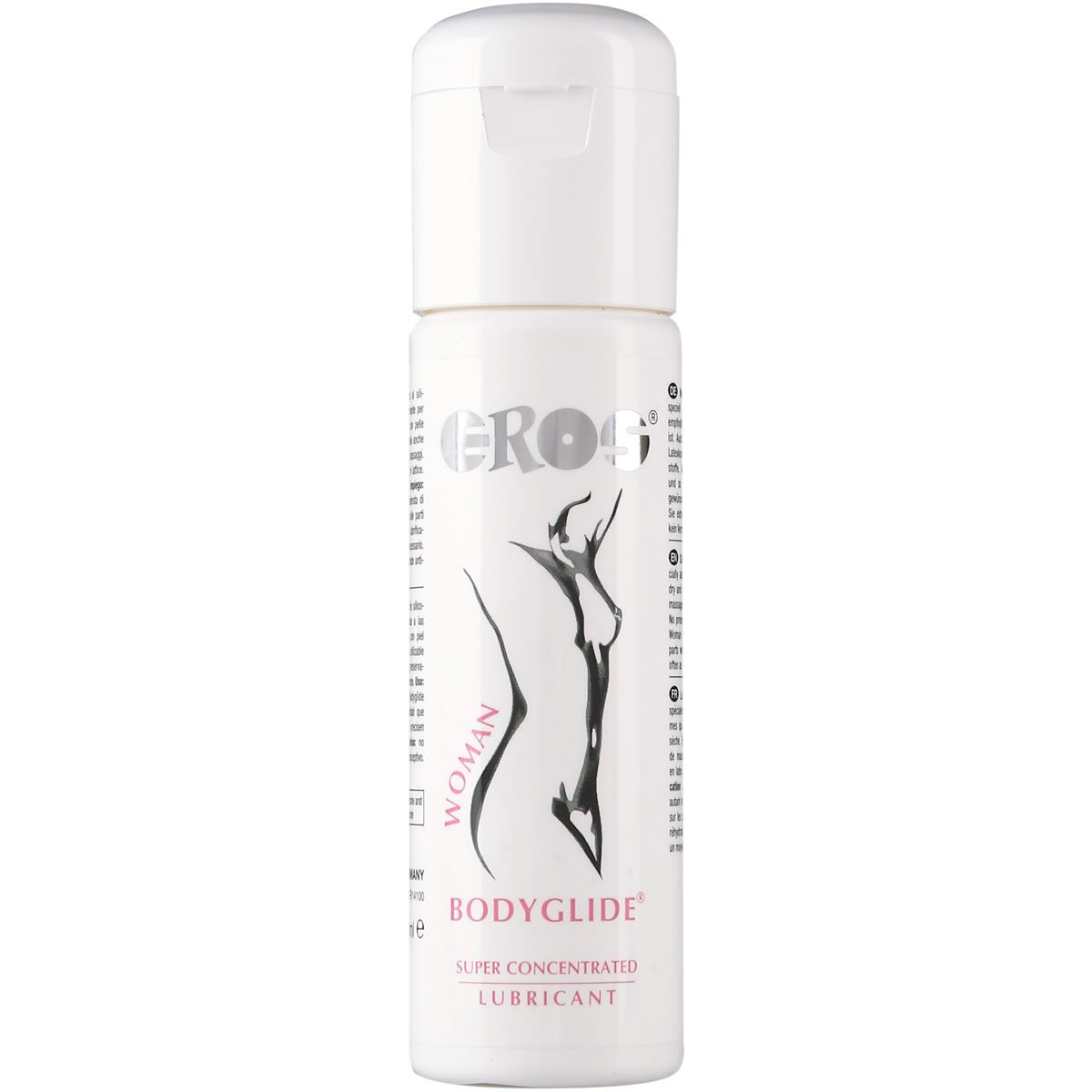 Witte fles met klapdeksel. Opschrift: EROS, BODYGLIDE, WOMAN, afbeelding van een vrouw. Productnaam en verdere informatie.