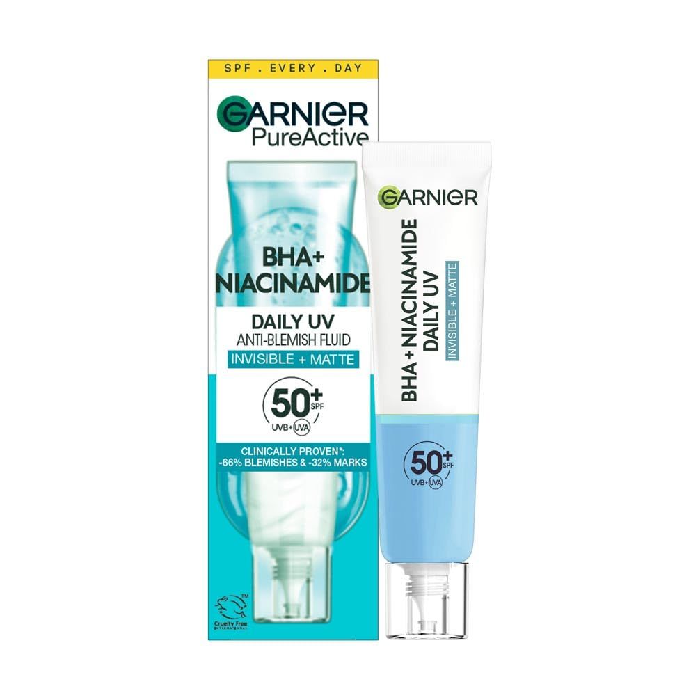 Garnier PureActive BHA + Niacinamide Daily UV. Tube avec emballage. Texte: 50+ SPF, anti-imperfections, Invisible + Mat.