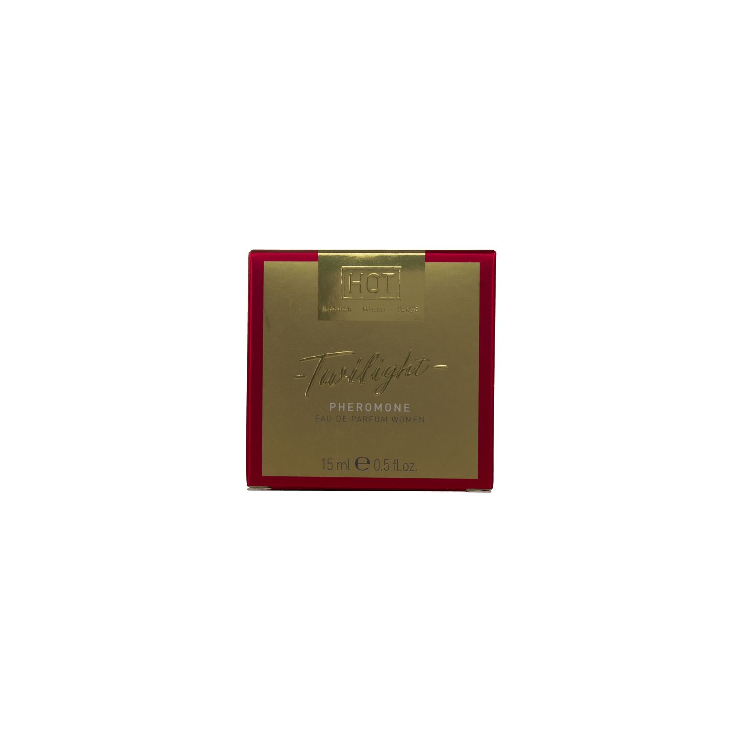 Rode doos met gouden voorkant, opschrift "Twilight Pheromone Eau de Parfum Women".
