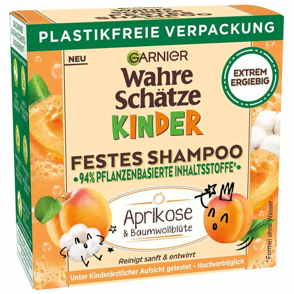Garnier Trésors de Miel Shampooing Solide pour enfants. Abricot & Fleurs de coton. Emballage avec illustrations de fruits et personnages.