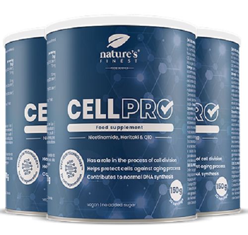 Drie potten CELL PRO. Opschrift: Voedingssupplement. Bevat Nicotinamide, Haritaki & Q10. Pot blauw-wit.