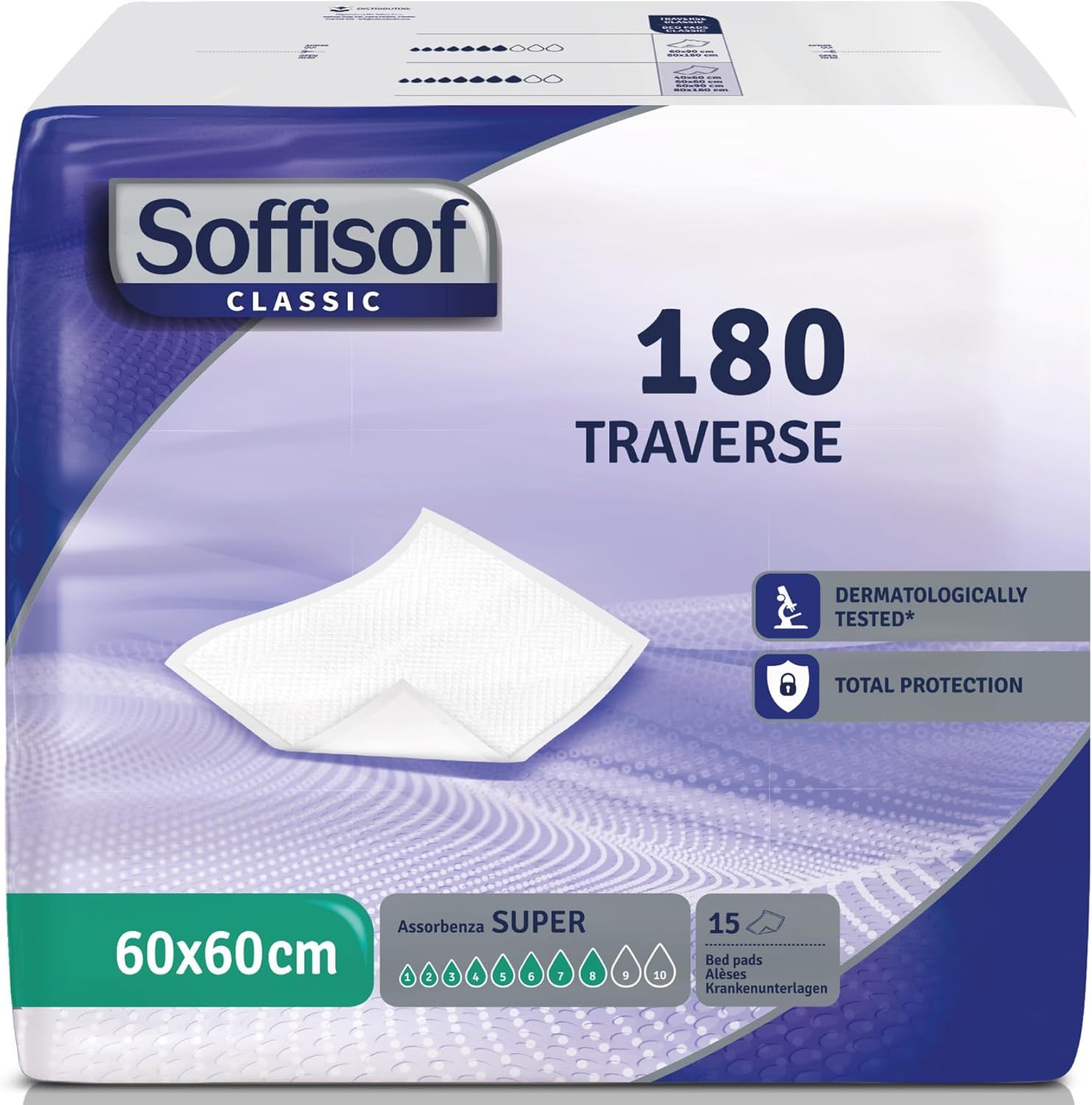 Alèse Soffisof Classic. 60x60cm, 180 pièces. Testé dermatologiquement. Protection totale. Super absorption.