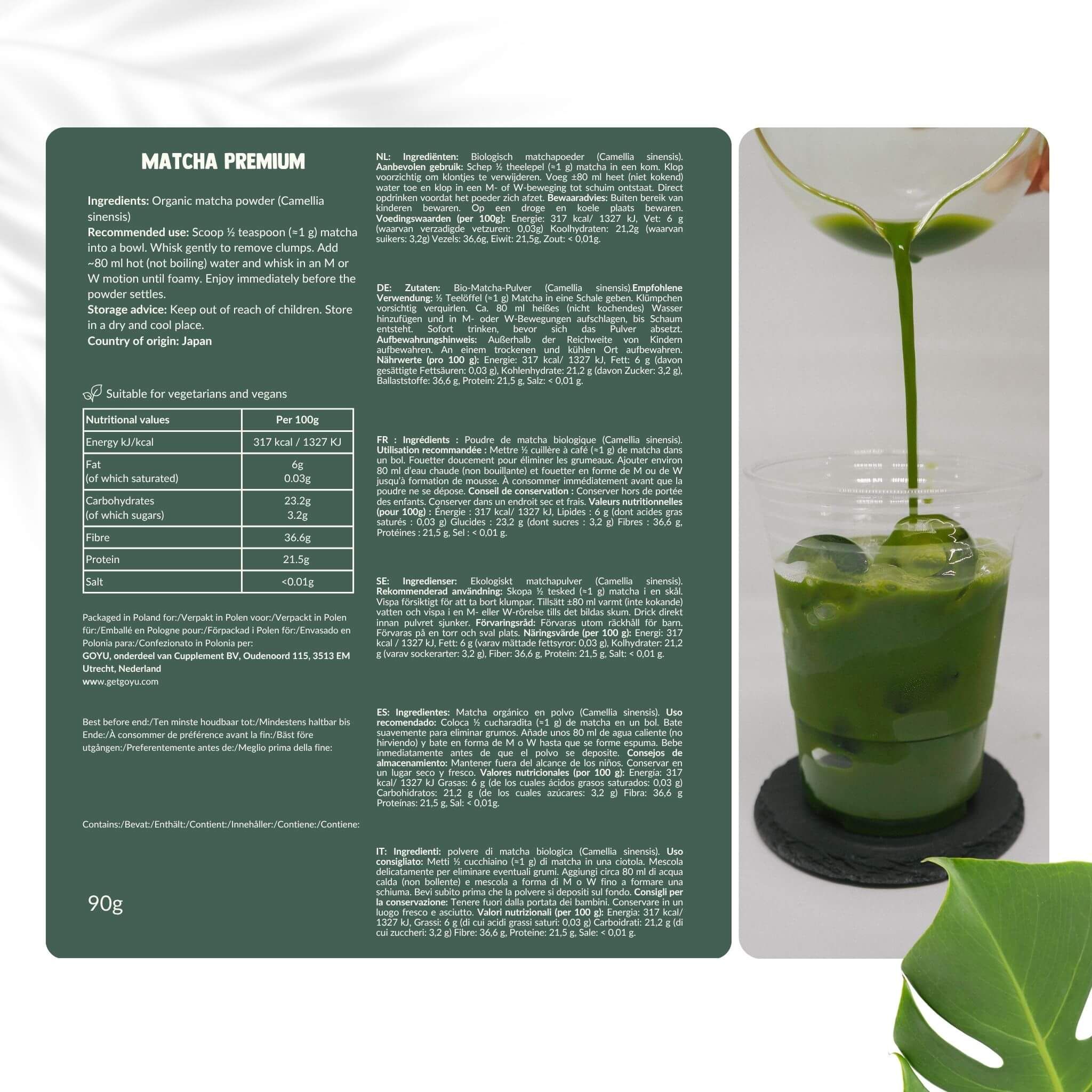 Infographie : Préparation du matcha. Boisson verte versée dans un verre. Texte et informations nutritionnelles.