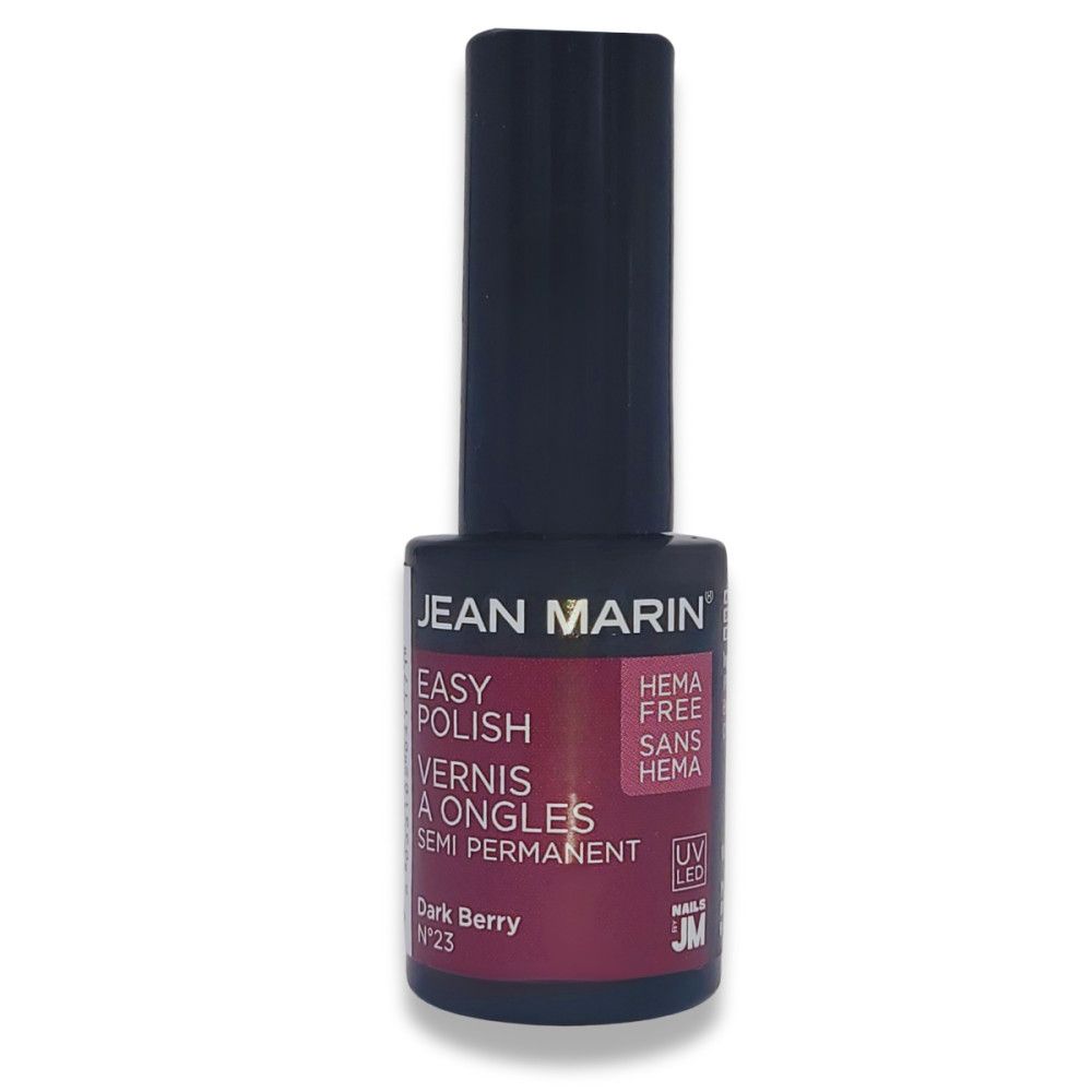Flacon de vernis à ongles Jean Marin. Vernis rouge foncé avec bouchon noir. Inscriptions: Easy Polish, Semi Permanent, HEMA Free. Teinte: Dark Berry N°23.