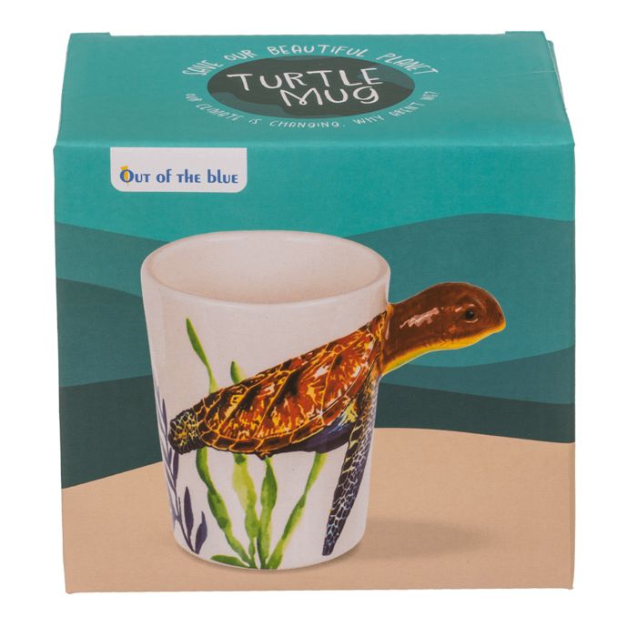 Beker in verpakking. Witte beker met schildpadhandvat, in turquoise doos. OOTB Becher Tartaruga.