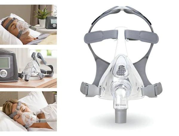 Collage: CPAP-masker in gebruik en op een tafel.