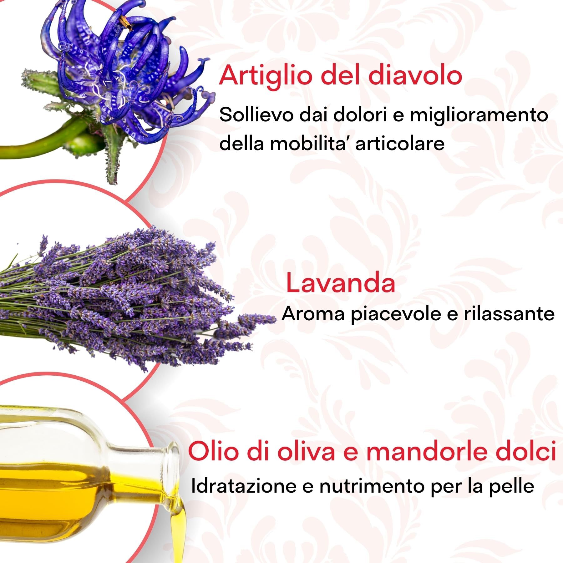 Illustratie van planten en olie. Tekst: Artiglio del diavolo, Lavendel, Olijfolie en zoete amandelen. Italiaanse tekst.