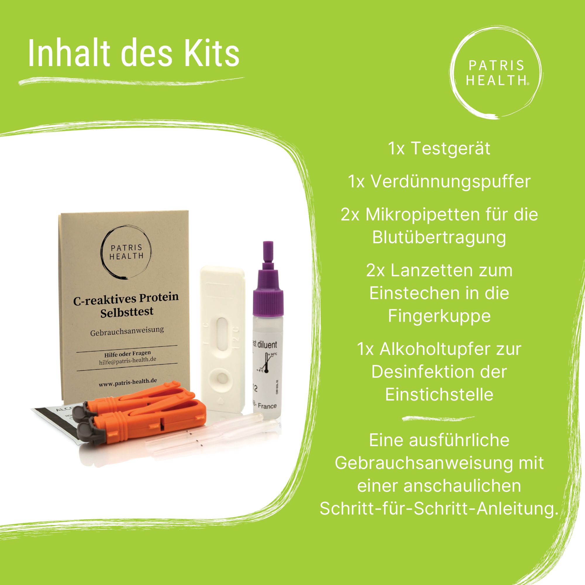 Inhoud van de kit: testapparaat, verdunningsbuffer, micropipetten, lancetten, alcoholdoekje, handleiding. Patris Health®.