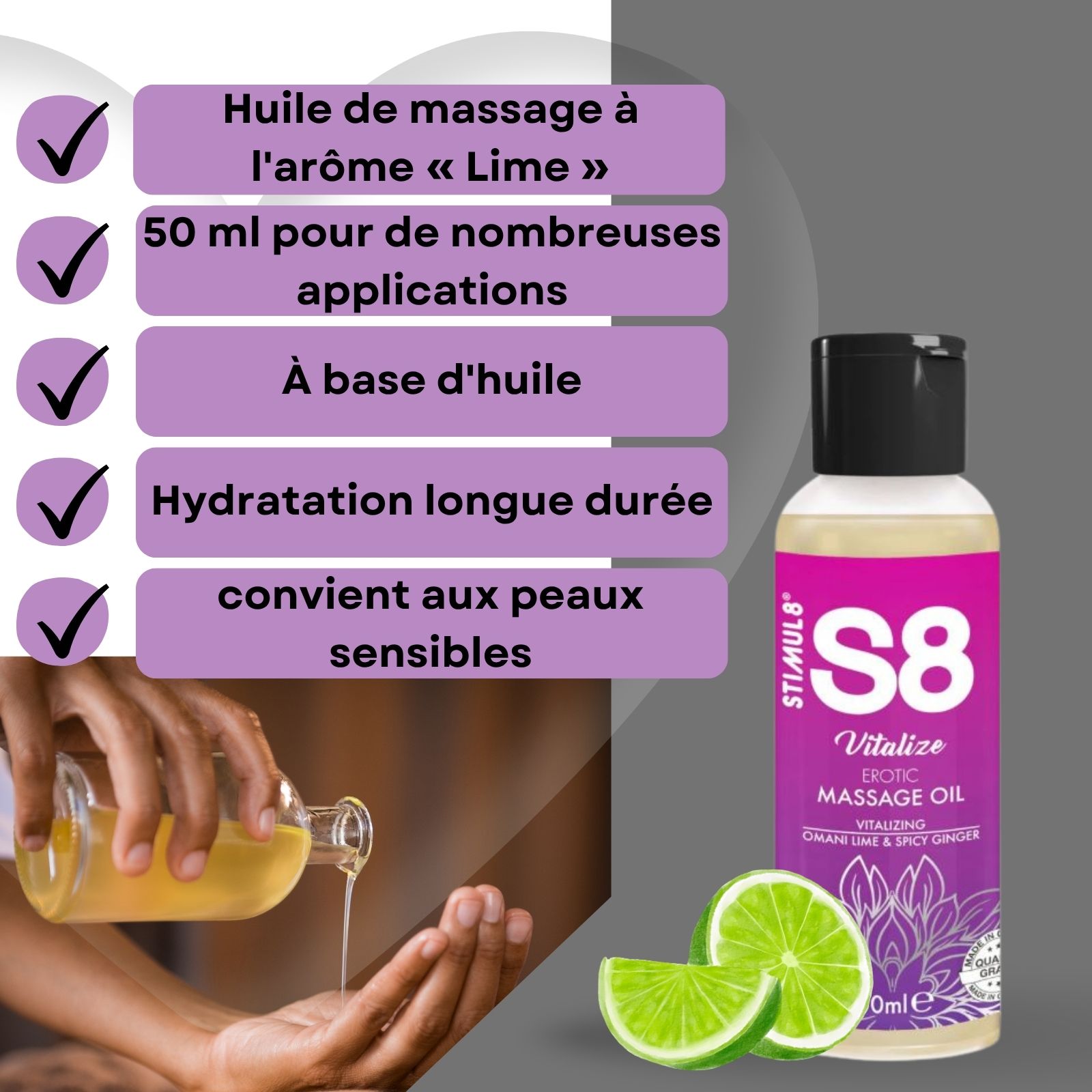 Flacon d'huile de massage avec bouchon noir. Inscription : S8 Vitalize Erotic Massage Oil. 50ml. Huile versée dans la main.
