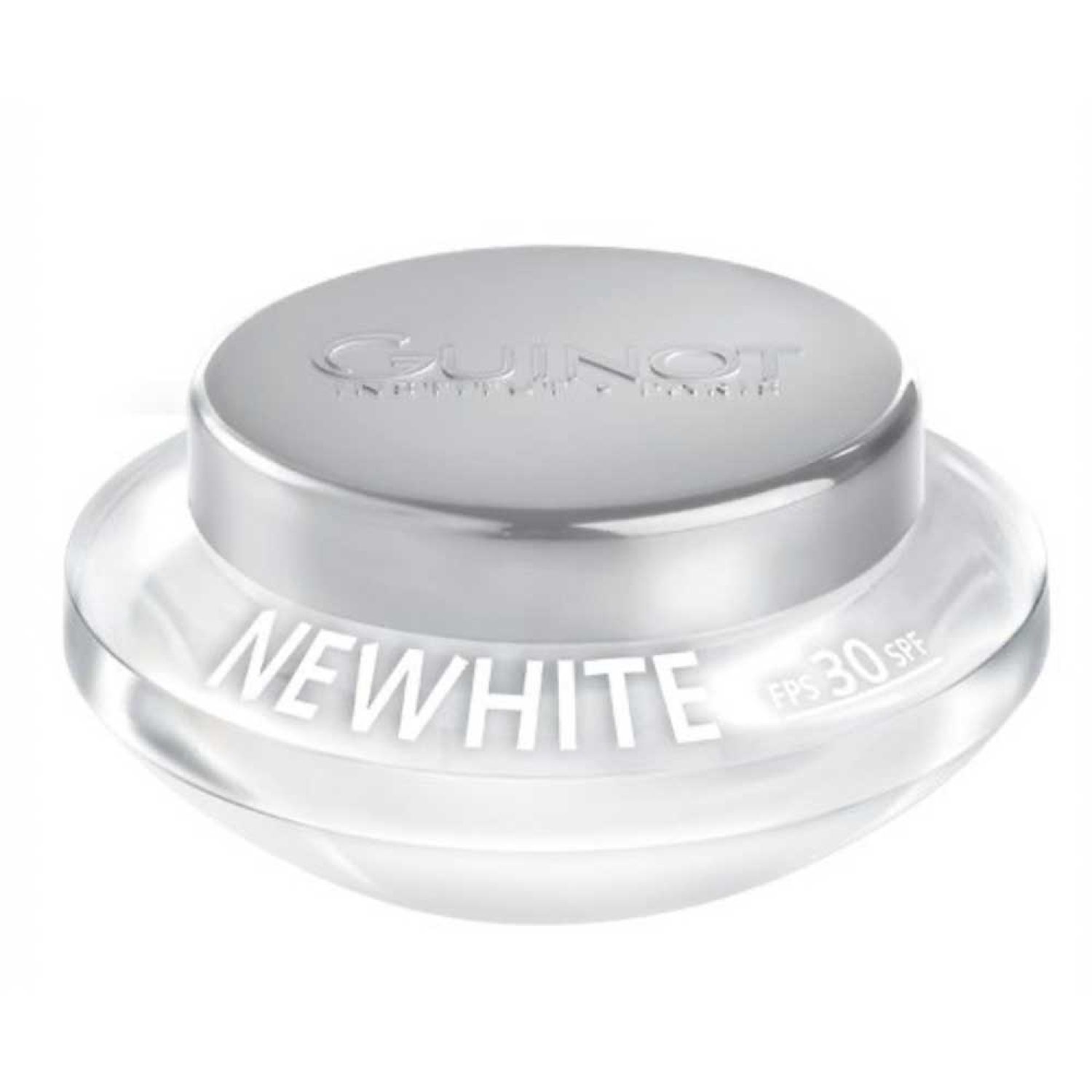 Crèmepot met zilveren deksel. Op de pot staat "NEWWHITE" en "SPF 30". De deksel draagt de tekst "GUINOT".