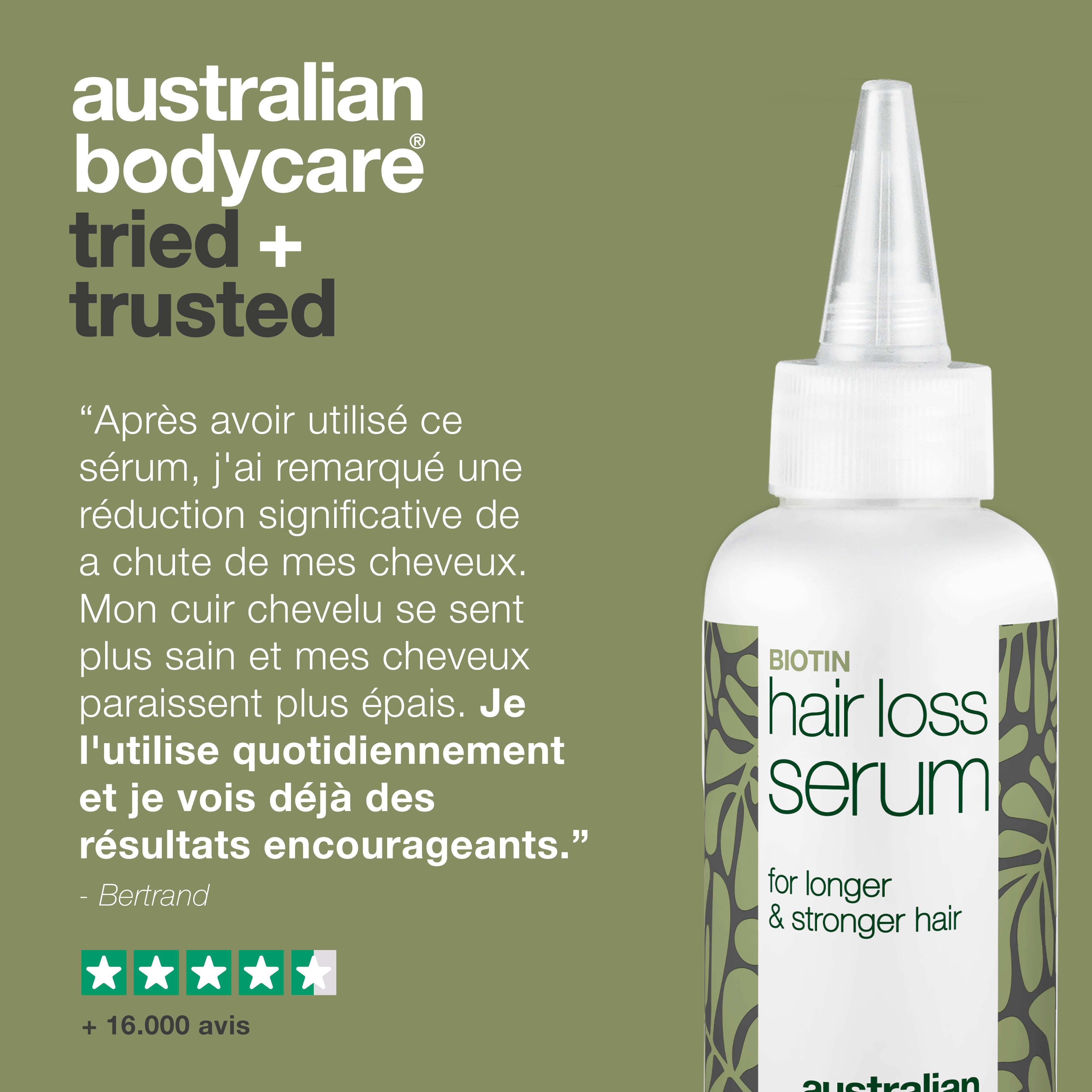 Produit avec texte : Après utilisation. Flacon de sérum : Hair Loss Serum. Marque : Australian Bodycare. Vert.