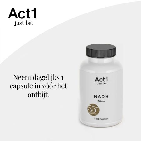 Fles NADH. Tekst: Gebruik: Neem dagelijks 1 capsule in vóór het ontbijt.