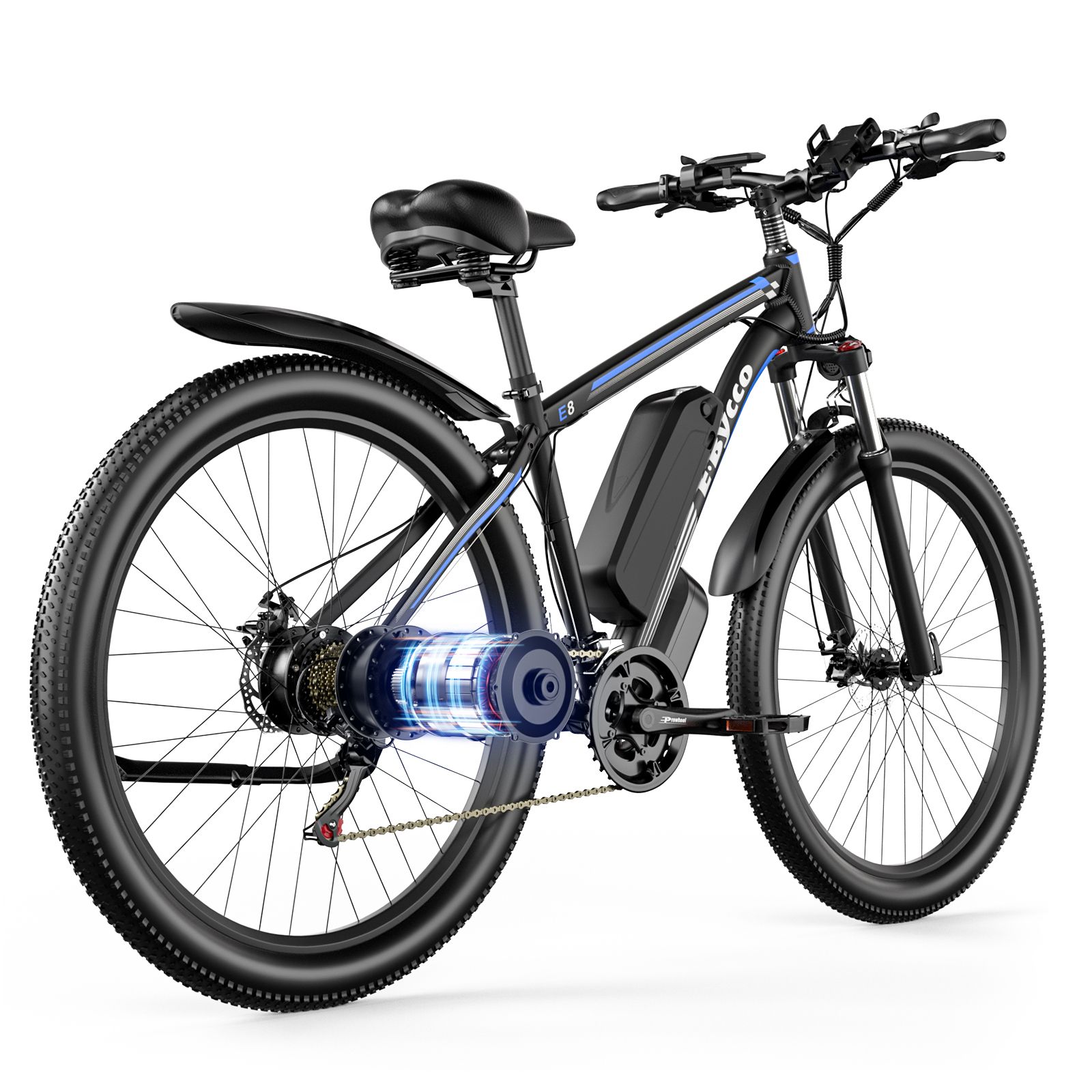 Vélo électrique noir avec accents bleus et moteur visible. Pneus et garde-boue noirs. Logo E·Bycco.
