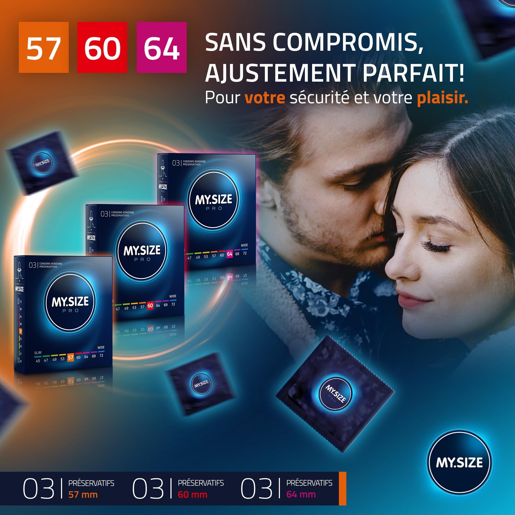 Couple enlacé, entouré d'emballages de préservatifs My.Size PRO et de préservatifs individuels.