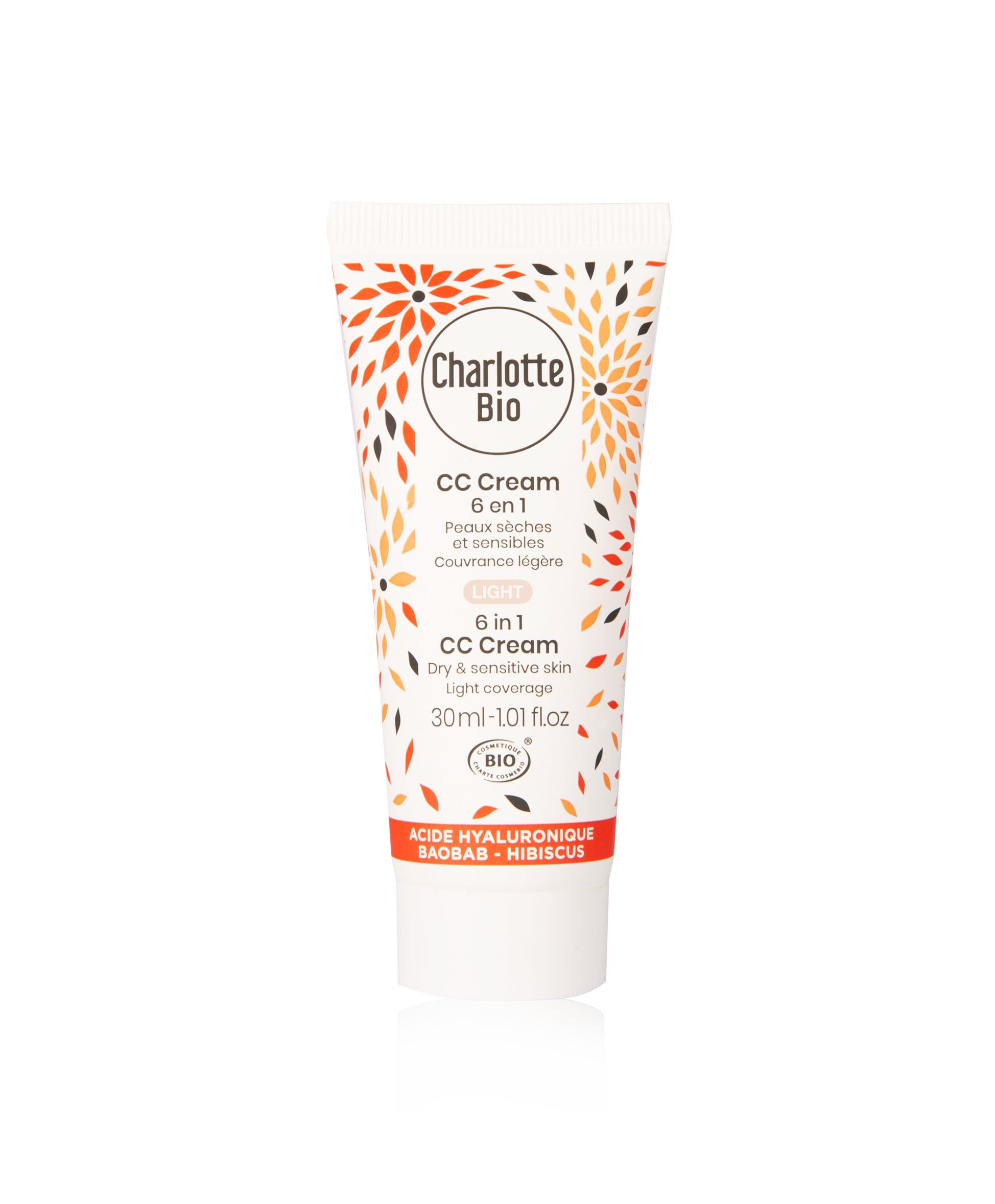 Tube de crème CC Charlotte Bio 6 en 1, Light. Pour peaux sèches et sensibles. Couvrance légère. Certifié Bio. Ingrédients: Acide hyaluronique, Baobab, Hibiscus.
