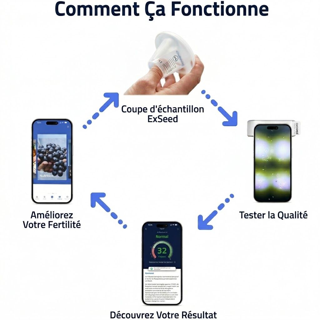 Schéma d'analyse de fertilité : prélèvement d'échantillon, test de qualité, découverte des résultats et amélioration de la fertilité.