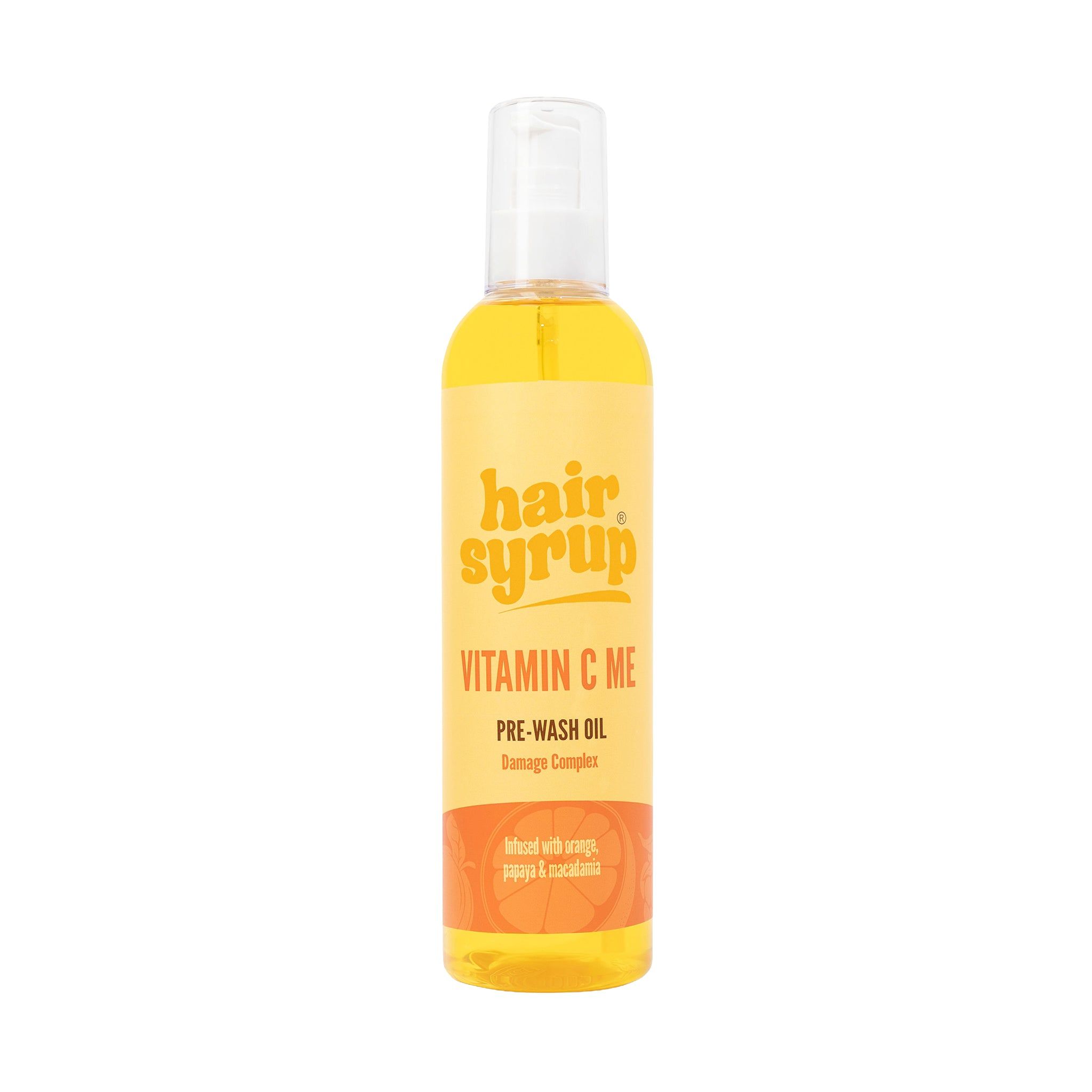 Gele fles "Hair Syrup Vitamin C Me". Pre-Wash Oil. Met sinaasappel- en papaja-extract.