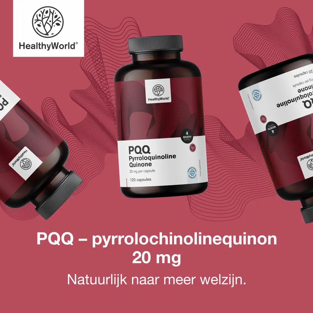 Drie flessen met tekst: PQQ Pyrrolochinoline Quinone 20 mg, 120 capsules. Merk: HealthyWorld.
