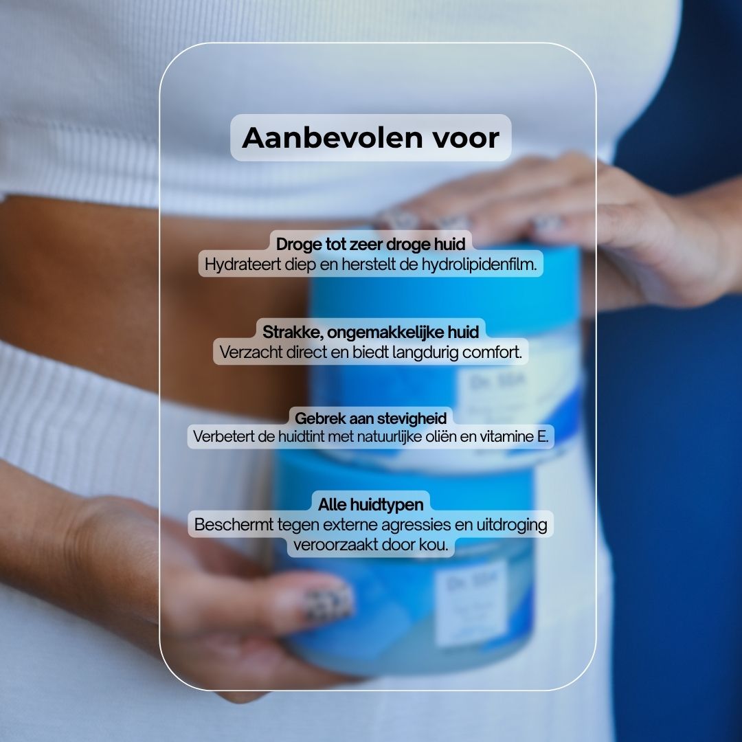 Twee potten met blauwe deksels. Tekst: Aanbevolen voor: Gebrek aan stevigheid, Alle huidtypen, Droge tot zeer droge huid.