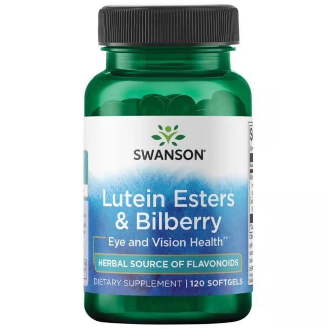 Groene fles Swanson Lutein Esters & Bosbes. Label met productnaam, logo en info. 120 softgels.