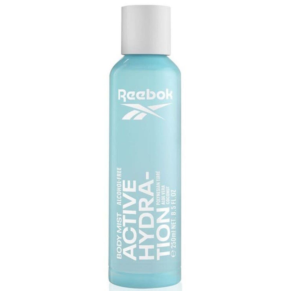Spray corporel bleu clair avec bouchon blanc. Logo Reebok et texte 'Active Hydration'. Bouteille sur fond blanc.