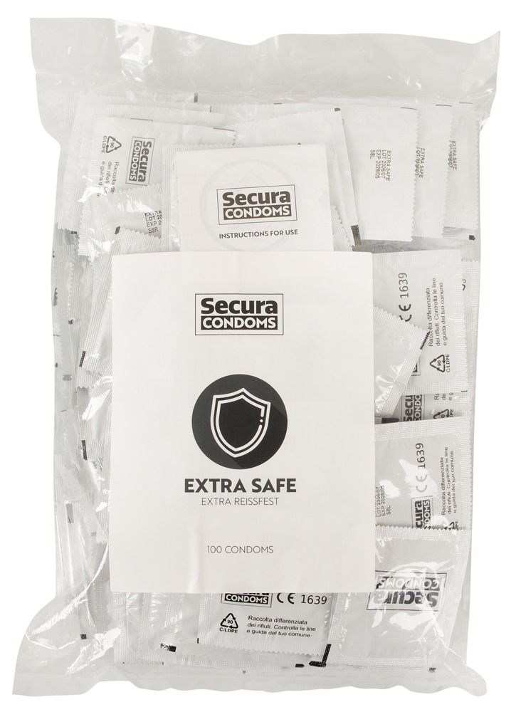Verpakking Secura Extra Safe condooms. Bevat 100 condooms. Logo en informatie.
